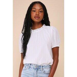 Lulus Educated Style Ivory Textured Ruffled Mock Neck Puff Sleeve Top White